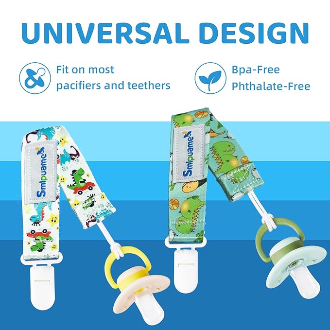 Smlpuame Baby Pacifier Clip for Boys Girl,6 Pack Stylish Binky Clips Strap,Paci Holder with Clips Universal Lightweight Fits Most Pacifiers Teeher Toy Teething Ring Soothie,Baby Gifts(Dinosaur-2)