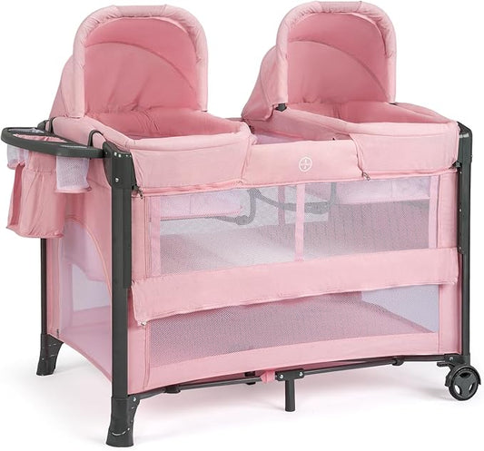 JOYMOR Twin Bassinet for Baby, Pink Bedside Bassinet, Convertible to Bedside Sleeper and Playpen, with Wheel, Brake, Foldable Side Sleeper