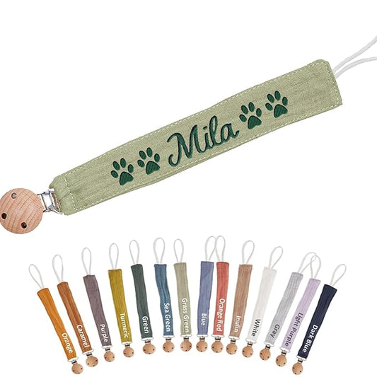 Custom Boho Pacifier Clip Holder with Embroidered Name – A Perfect Personalized Baby Baptism Gifts in Eco-Friendly Bamboo! (Grass Green)
