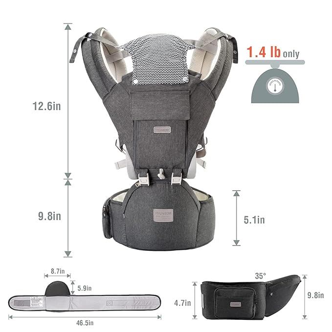 Baby Carrier with Hip Seat for Newborn to Toddler, Adjustable 6-in-1 Baby Carrier with Hip Seat Lumbar Support, Perfect for On-The-go, Grey