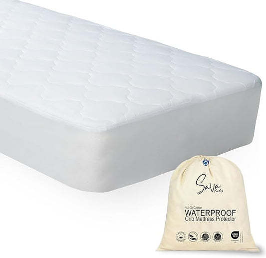 SavaKids 100% Natural Cotton Waterproof Crib Mattress Protector Sheet - Breathable, Fitted Pad for Babies & Toddlers, Ultra Soft & Noiseless (White)