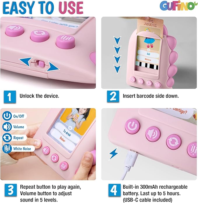 GUFINO – Spanish English Bilingual Flashcards for Toddlers 3-5 Years – Montessori Toys for 3+ Year Old, Preschool Supplies Learning Resources – Juguetes para Niñas de 3 Años o mayores. Pink