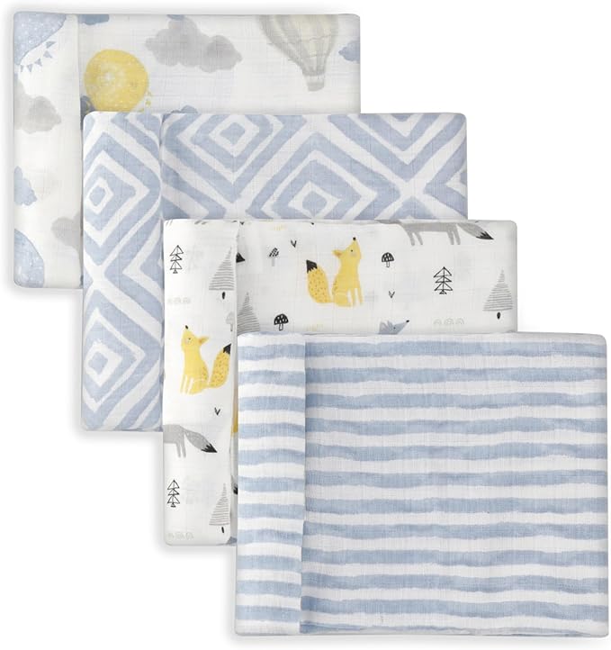 Featherhead™ 100% Cotton Muslin Swaddle Blankets for Baby Boy - Large 47”x 47” - Pre-Washed, Soft, & Breathable - Newborn Essential & Perfect Baby Registry Gift (4 Pack - Blue Foxes)