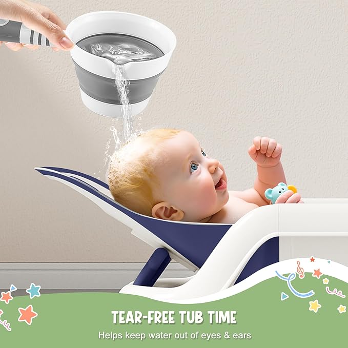 Reclining Baby Bathtub for Newborn, Angle Adjustable Baby Tub for Infant to Toddler, Bath Support in Tub, Thermometer & Bath Kneeler Rest Pad & Clean Rinse Cup, 6-36 Months-Blue