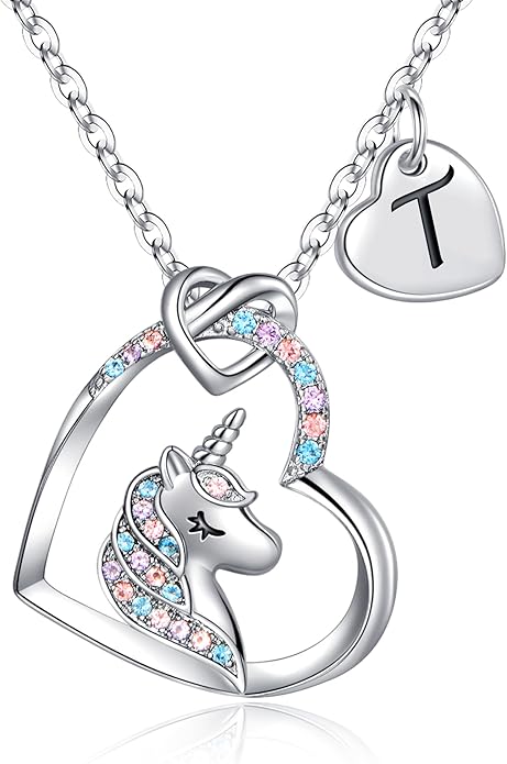 Hidepoo Unicorn Necklace Gifts for Girls Daughter - Colorful CZ Heart Pendant Initial Unicorn Necklaces for Girl Teens Little Girls Jewelry Birthday Gift