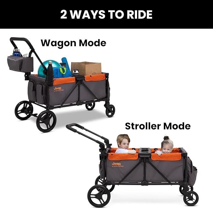 Jeep Sport All-Terrain Stroller Wagon by Delta Children - Includes Canopy, Parent Organizer, Adjustable Handlebar, Snack Tray & Cup Holders, Grey/Bonfire