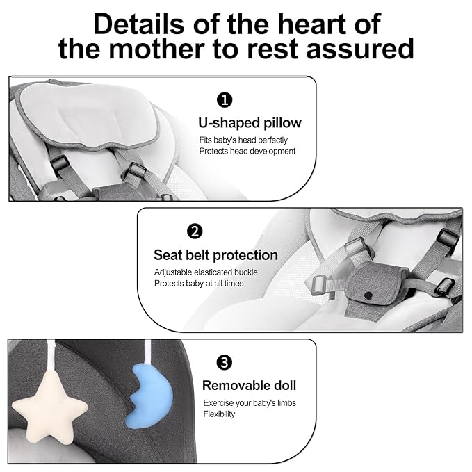 Baby Swing 3 in 1 Multifunctional Infant Rocker, Portable with Remote Control, 5-Point Seat Belt, 5 Auto Rocking, 3 Speed Timer, Electric with Music and Bluetooth (0-12 Months) (Grey)