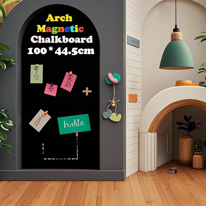 Magnetic Chalkboard Wall Arch Decal 39.3"x17.5" Contact Paper Peel and Stick for Walls Self Adhesive Magnetic Wall Board Sticker with 36 Magnet Letters for Kid Black Chalk Board Wallpaper Roll