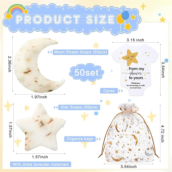 50 Sets Baby Shower Favors Gifts Lavender Moon Twinkle Star Soaps for Guests with Thank You Cards Gender Reveal Party Decoration Women