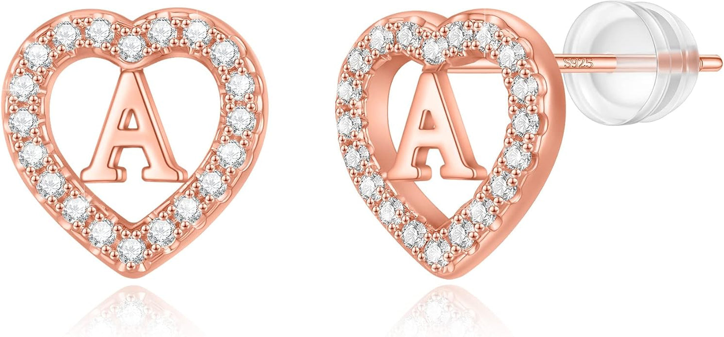Initial Heart Earrings for Girls, Sterling Silver Post Silver/Rose Gold Heart Initial Stud Earrings for Little Girls Kids Baby Earrings Non Tarnish Hypoallergenic Earrings for Teen Girls Gifts Jewelry