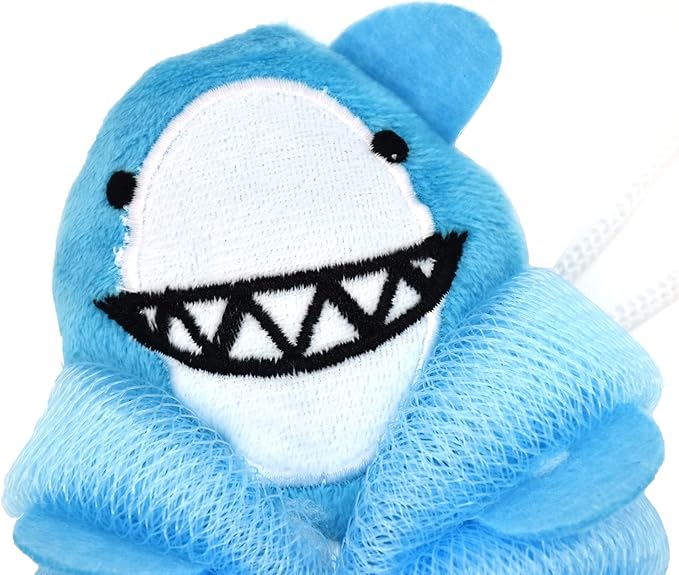 Cute Shark Kids Bath Loofahs Balls for Baby Girls Boys Mesh Shower Ball Pouf Exfoliating Bath Sponge Body Cleaner Bath Accessories (Blue Shark)