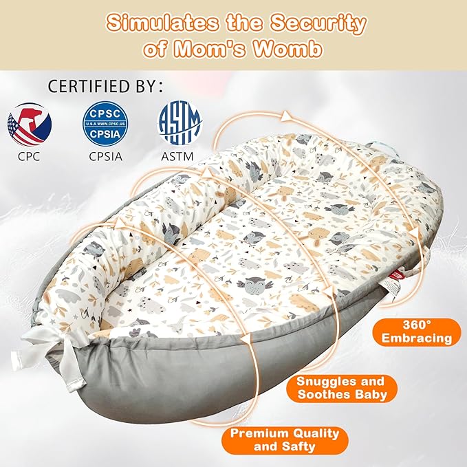 Baby Lounger for Newborn 0-24 Months, Baby Nest Cover Breathable and Soft Cotton, Infant Lounger with U-Shaped Safety Bumper for Cozy Comfort Baby Essentials (Owl Rabbit)