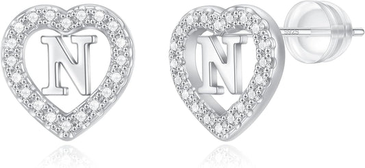 Initial Heart Earrings for Girls, Sterling Silver Post Silver/Rose Gold Heart Initial Stud Earrings for Little Girls Kids Baby Earrings Non Tarnish Hypoallergenic Earrings for Teen Girls Gifts Jewelry