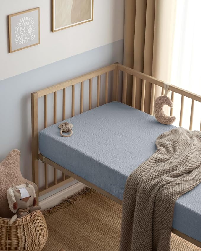 Blissful Diary Muslin Crib Sheets for Girl Boy, Boho Neutral Soft Cotton Baby Sheet for 52''x28'' Standard Crib Mattress, 2 Pack(Light Blue&Grey)