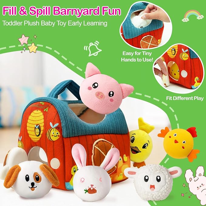 Baby Toys 6-12 Months Plush Barn with Stuffed Farm Animals Crinkle, Rattle & Mirror Montessori Toys Developmental Sensory Toys for 6 Month Old Boys Girls Babies & Toddlers