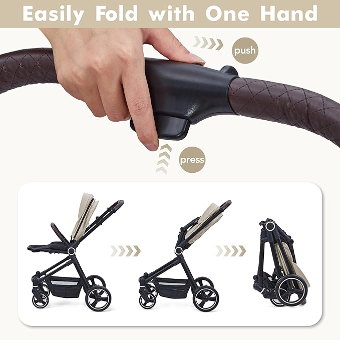 Baby Stroller, High Landscape Pushchair with Reversible Seat, One-Hand Fold and Cup Holder, 4 Modes Convertible Toddler Stroller with Storage Basket, Adjustable Footrest and Canopy, Beige