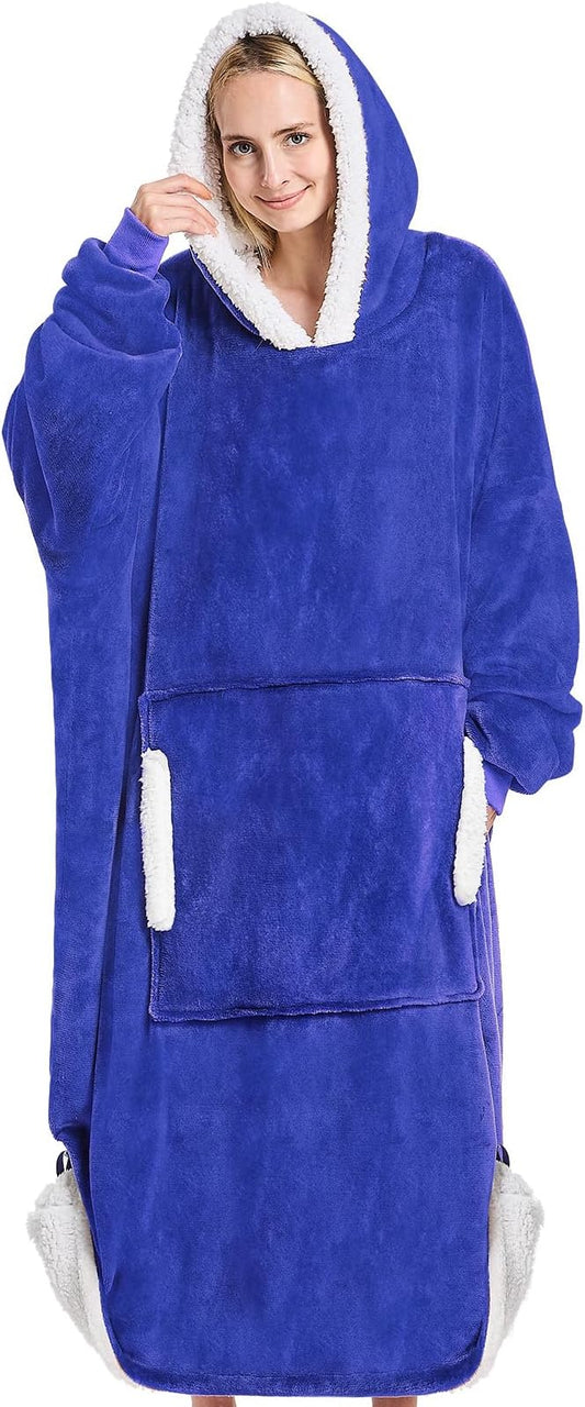 yescool Wearable Blanket Hoodie - birthday gifts for Adults/Women/mom, Flannel Cozy Sherpa Fleece Blanket Sweatshirt with Hood, Pocket & Sleeves, Large, One Size Fits All (Klein Blue)