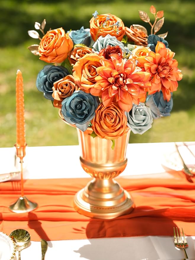 RICHMYC Artificial Flowers Orange Green Wedding Silk Fall Flowers with Stems Fake Cake Flowers for Wedding Bouquets Centerpieces Baby Shower Fall Decor