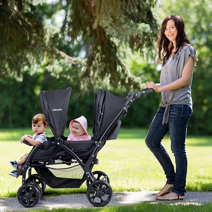 BABY JOY Double Stroller, Foldable Lightweight Twin Stroller with Tandem Seating, Adjustable Backrest/Canopy/Footrest, 5-Point Harness, Storage Basket, Newborn and Toddler (Black)