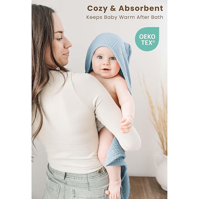 Konssy 2-Pack Muslin Hooded Baby Towels, 100% Cotton, Ultra-Soft & Absorbent Baby Bath Towels with Hood for Newborn & Infant (Blue, Star,30" x 30")