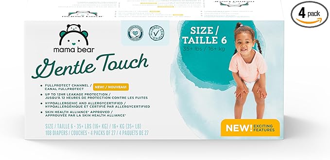 Amazon Brand - Mama Bear Gentle Touch Diapers, Size 6, 108 Count (4 packs of 27)