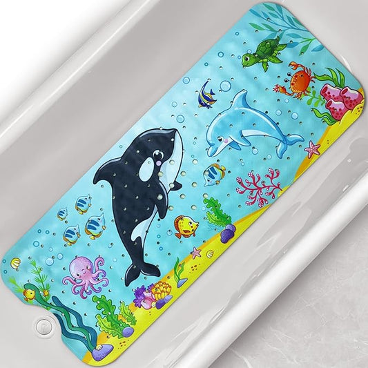 Linoows Baby Bath Tub Mat, 40 x 16 Inch Extra Large Non Slip Kids Cartoon Bathtub Shower Mats with Suction Cups & Drain Holes, Machine Washable for Bathroom, Undersea Whale & Dolphin