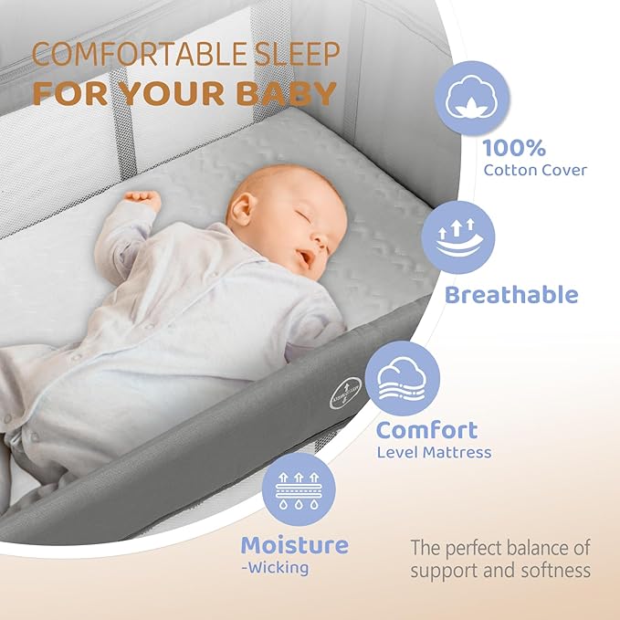 JOYMOR Baby Bassinet, Pack and Play with Bassinet and Carry Bag, Convert to Bedside Sleeper with Toy, Wheels for Boys Girls (Gray)