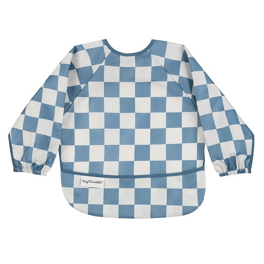 Tiny Twinkle Mess Proof Baby Bib,Waterproof Smock Baby Bib for Eating,Machine Washable Long Sleeve Bib,Baby Led Weaning,Toddler Bib (Checkers Blue, Large 2-4 Years)
