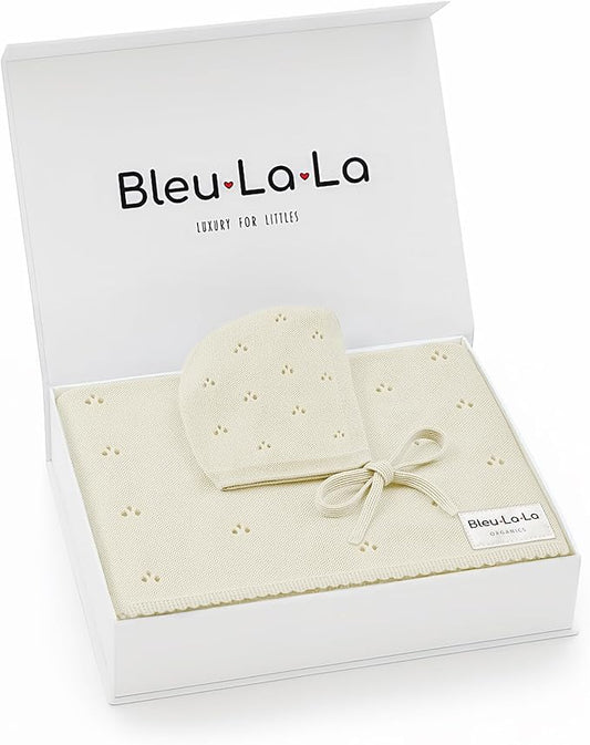 Organic Baby Blanket + Hat Gift Set - 100% Soft Luxury Cotton Unisex Receiving Swaddle Blanket + Bonnett Registry for Newborns & Infants (Butter Cream + Hat)