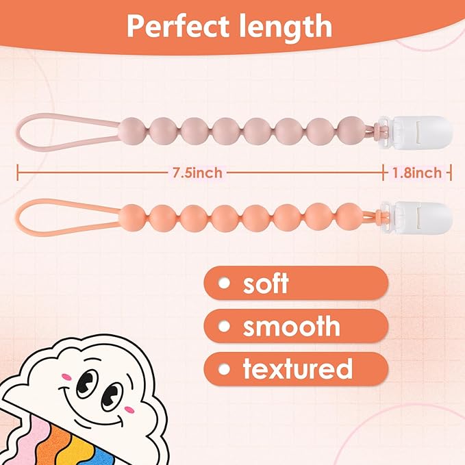 4-Pack Silicone Pacifier Clips for Baby Boys and Girls - with One-Piece Beads, Flexible and Rust-Free Holders for Teething Relief and Baby Essentials - Safe for Newborns (Pink)