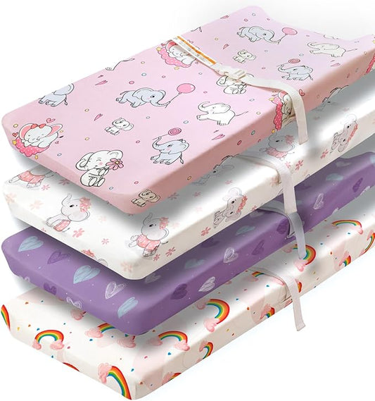 4 Pack Baby Girl Changing Pad Covers Sheets Set Soft Fitted Floral or Elephant Theme Baby Girl Mattress Covers Breathable Toddler Bed Sheets for Infant or Newborn Girls (Elephant, Changing Pad Covers)