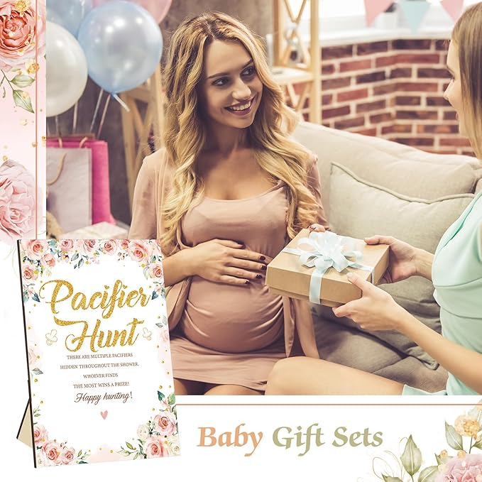 Thyle 51 Pcs Pacifier Hunt Baby Shower Games Include Hunt Sign and 50 Acrylic Pacifiers for Baby Shower Game Decoration Gift Sets Gender Reveal Party Decor(Flower)