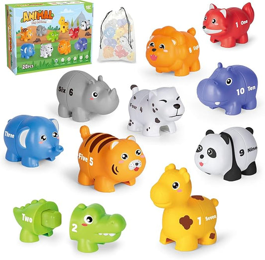 20PCS Animal Number Matching Learning Toys for Toddlers 2-4, 10 Different Animal Figures, Montessori Educational Toys Gifts for Boy Girl, Preschool Learning Activities, Double Sided Matching Game