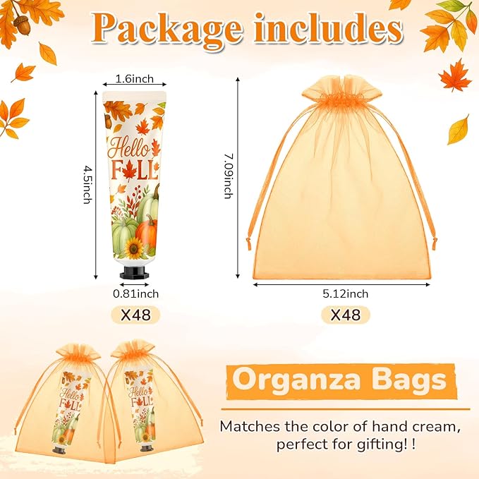 48 Sets Baby Shower Hand Cream Bulk Hello Fall Party Favors Bridal Thank You Hand Cream for Guests Travel Size Lotion with Organza Bags