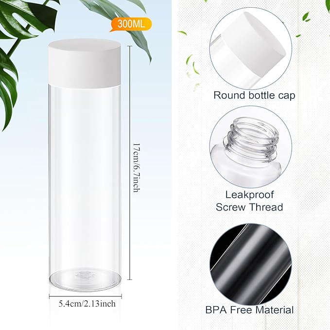 Tanlade 24 Pcs Clear Plastic Bottles Empty Sensory Bottles with Caps PET Plastic Juice Reusable Leakproof Drink Container Bulk for Juice Milk(10 Oz/ 300 ml,White Lid)