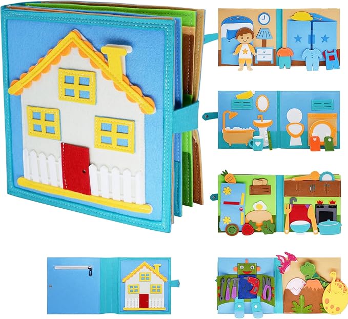 Montessori Felt Busy Book Toddlers Quiet Book Preschool House Pretend Play Early Learning Educational Travel Toys for Kids Age 2 3 4 5 6 Travel Essentials Daily House Learning Activitie Boys Gift