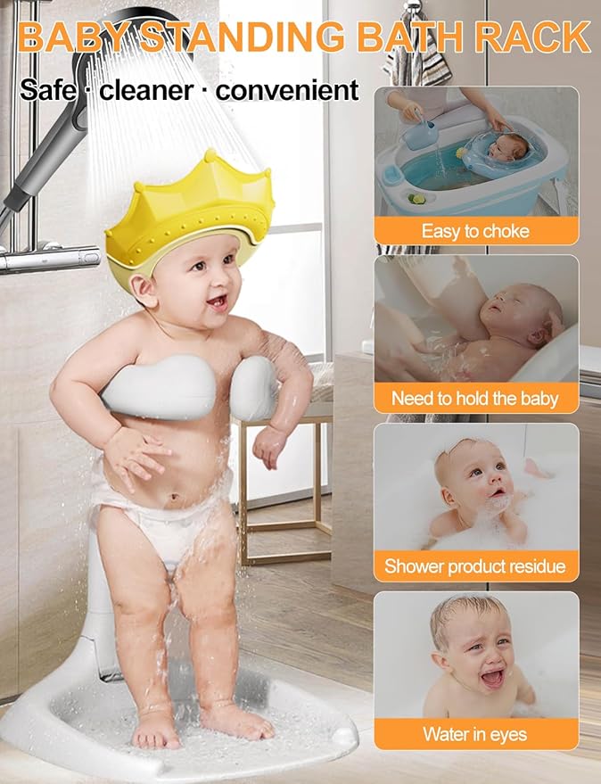 (3 in 1) Baby Shower Stand, Adjustable Baby Bath Stand with Safety Handle,Shower Head Holder for Babies 6-36 Months Baby & Toddlers,Bath Essentials for Infants（Gray White）