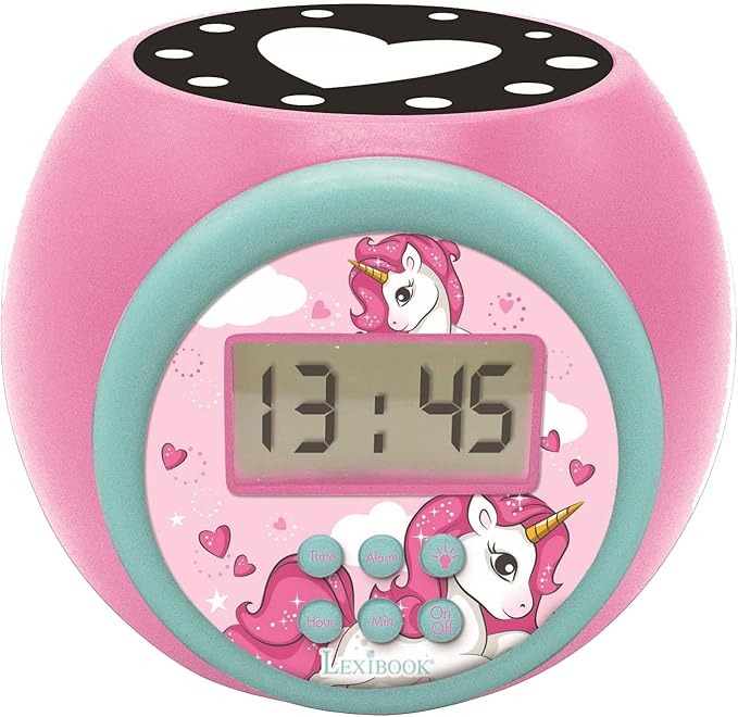 LEXiBOOK Projector Clock Unicorn with Snooze Alarm Function, Night Light with Timer, LCD Screen, Battery Operated, Pink, RL977UNI