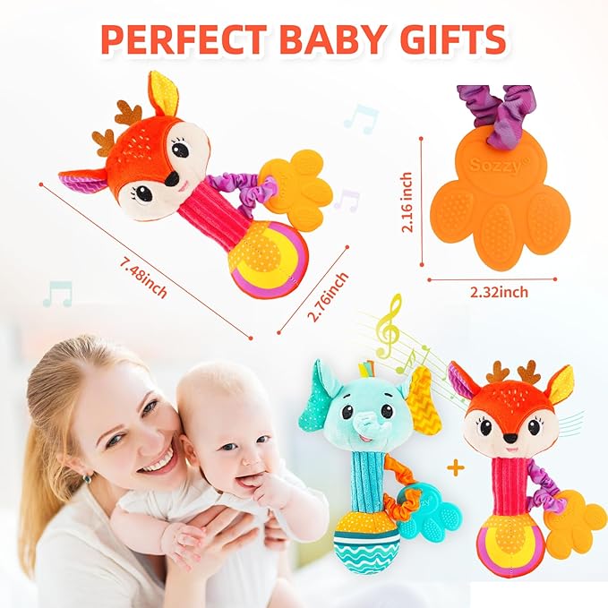 Baby rattles 0-6 months, Set of 2 rattles for babies 0-6 months, Soft Stuffed Animal Rattle Hand Grip Baby Toys, baby rattle Shaker Crinkle Squeaky Sensory Travel Accessories for 0 3 6 9 12 Months old