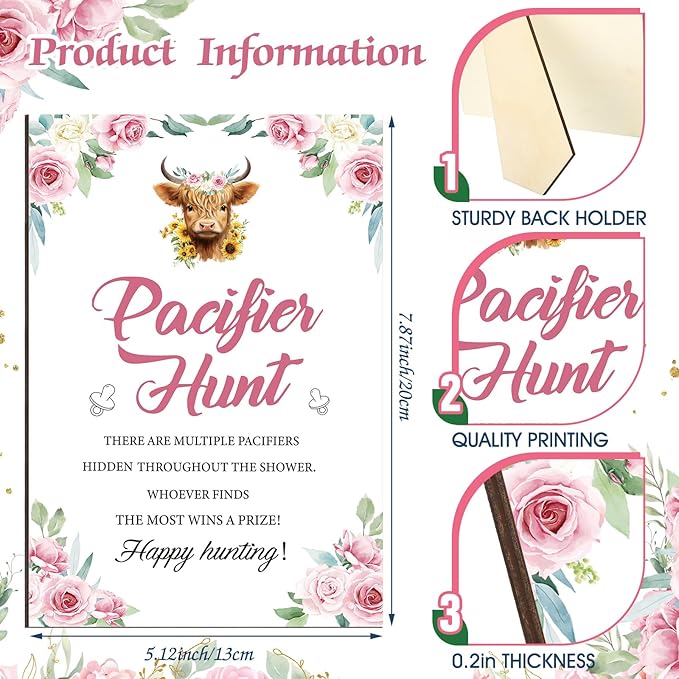 Thyle 51 Pcs Pacifier Hunt Baby Shower Games Include Hunt Sign and 50 Acrylic Pacifiers for Baby Shower Game Decoration Gift Sets Gender Reveal Party Decor(Highland Cow)