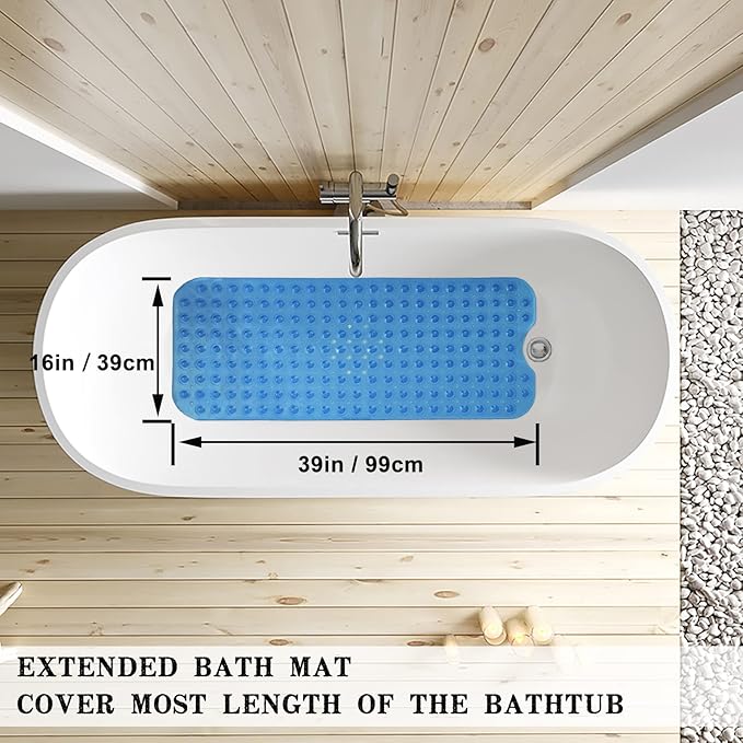 Linoows Bathtub and Shower Mats, Extra Long Non-Slip Bath Tub Mat 39 x 16 Inch, Machine Washable Bathmat with Suction Cups & Drain Holes for Bathroom Floor, Clear Royal Blue