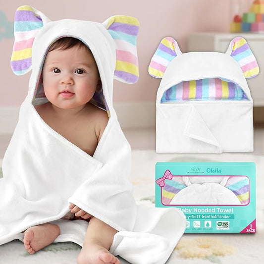 VOOVA & MOVAS Baby Hooded Bath Towel - 100% Cotton, 33x23.5 Inches,0-3Years, Super Absorbent Large Towel with Cute Elephant Ears Hood for Newborn, Baby, Toddler,White