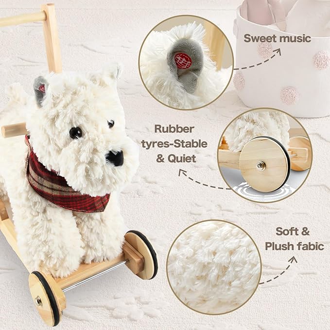 Wooden Baby Walker, 2-in-1 Baby Push Walker & Ride On Toy for Toddlers 12M+, Learning to Walk Toy with Sweet Music, Soft Cuddly Dog Toy for Boys Girls (Scottie Dog) CPC Certified