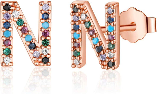 Memorjew Initial Stud Earrings for Women, Hypoallergenic 925 Sterling Silver Post Rainbow Cubic Zirconia Gold Plated 26 Initial Earrings for Women Jewelry Gifts