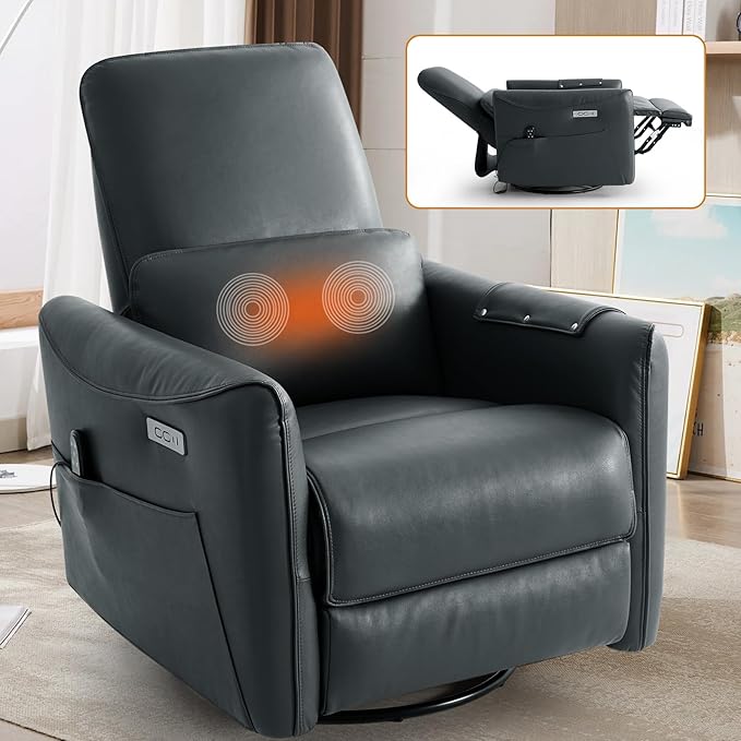 Genuine Leather Modern Electric Swivel Glider Power Recliner Chair with USB and Type-C Ports for Living Room, Power Lift Function, Grey