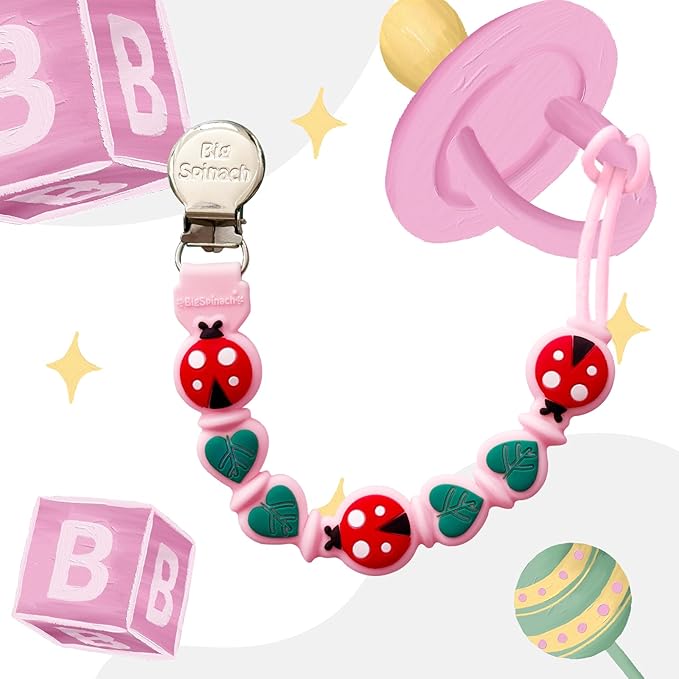 2 Pack Silicone Pacifier Clips for Baby Boys – Food Grade One-Piece Strap with Cord & Stainless Clip – Teether Holder for Baby – Cute Ladybug & Leaf Design – BPA-Free(Beige+Pink)