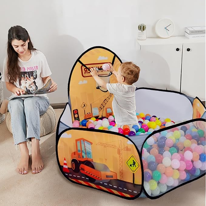 Kids Ball Pit, Pop Up Children Play Tent, Toddler Ball Pool Baby Crawl Playpen with Basketball Hoop, Portable Toys for Girls Boys, 4 ft / 120 cm, Balls Not Included, Engineering Car