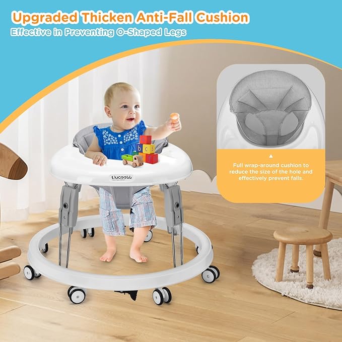 One-Touch Folding Baby Walker, Anti-Roll 8-Wheel Round Chassis, 7-Speed Height Adjustment, with Large Dinner Plate and Brake, 6-18 Months Baby Walker, Gray.