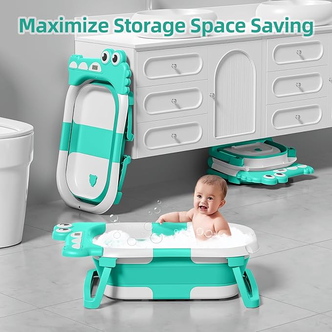 MoreFeel Collapsible Baby Bathtub for Newborn with Thermometer & 1 Hooded Towel & 1 Soft Floating Cushion,Portable Travel Bathtub with Drain Hole, Durable Foldable Baby Tubs for Infants to Toddler