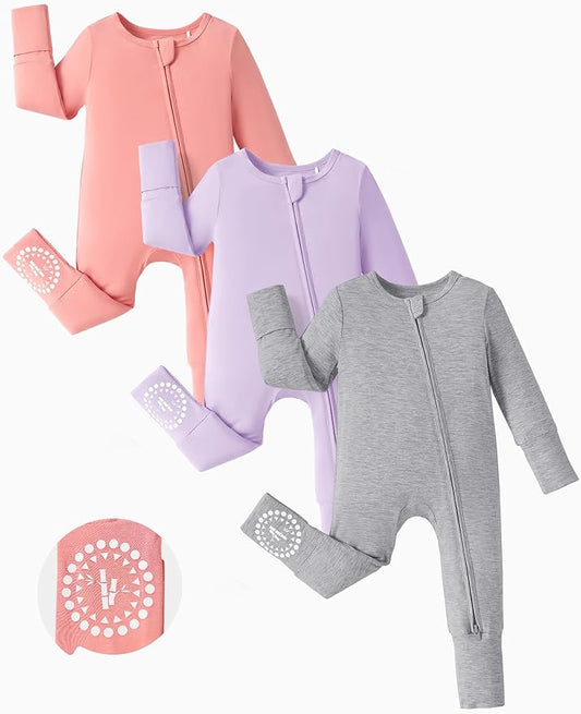 PATPAT Baby Footies Boys Girls - Bamboo Viscose - Zipper & Non-Slip Soles Romper Mitten - Footed & Footless Infant Clothes